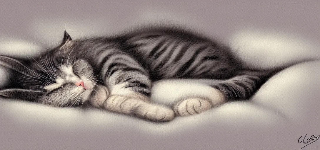 Image similar to cat sleeping in bed, digital art