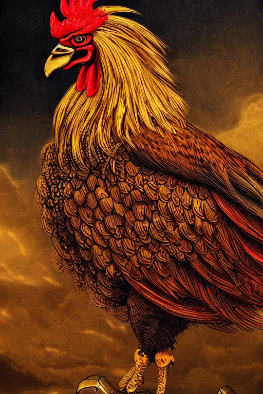 Prompt: a beautiful tarot card artwork of a rooster in armour, horror, backlit, gloomy sky, highly detailed, digital painting, intricate golden threads, by kevin siembieda, vivid colors, detailed shading, 8 k resolution, intricate, smooth