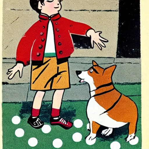 Image similar to book illustration of a french boy on the streets of paris playing football against a corgi, the dog is wearing a polka dot scarf, 1 9 6 6