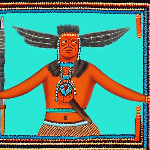 Image similar to symmetric portrait of indigenous warrior, turquoise and orange. high detail