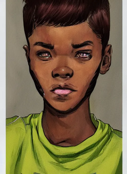 Prompt: An sci-fi comic book style portrait painting of a short, dark-skinned, slender soldier girl wearing a gold and green shirt with short auburn hair that comes almost to her shoulders with brown eyes that look almost black with flecks of gold in them. The girl has a medium-sized scar on the upper right side of her head, unreal 5, DAZ, hyperrealistic, octane render, cosplay, RPG portrait, dynamic lighting