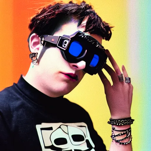 Image similar to kodak ektachrome e 1 0 0 photograph of a nerdy goth guy wearing goggles and eclectic jewelry, moody lighting, telephoto, 9 0 s vibe, blurred background, vaporwave colors, faded!,