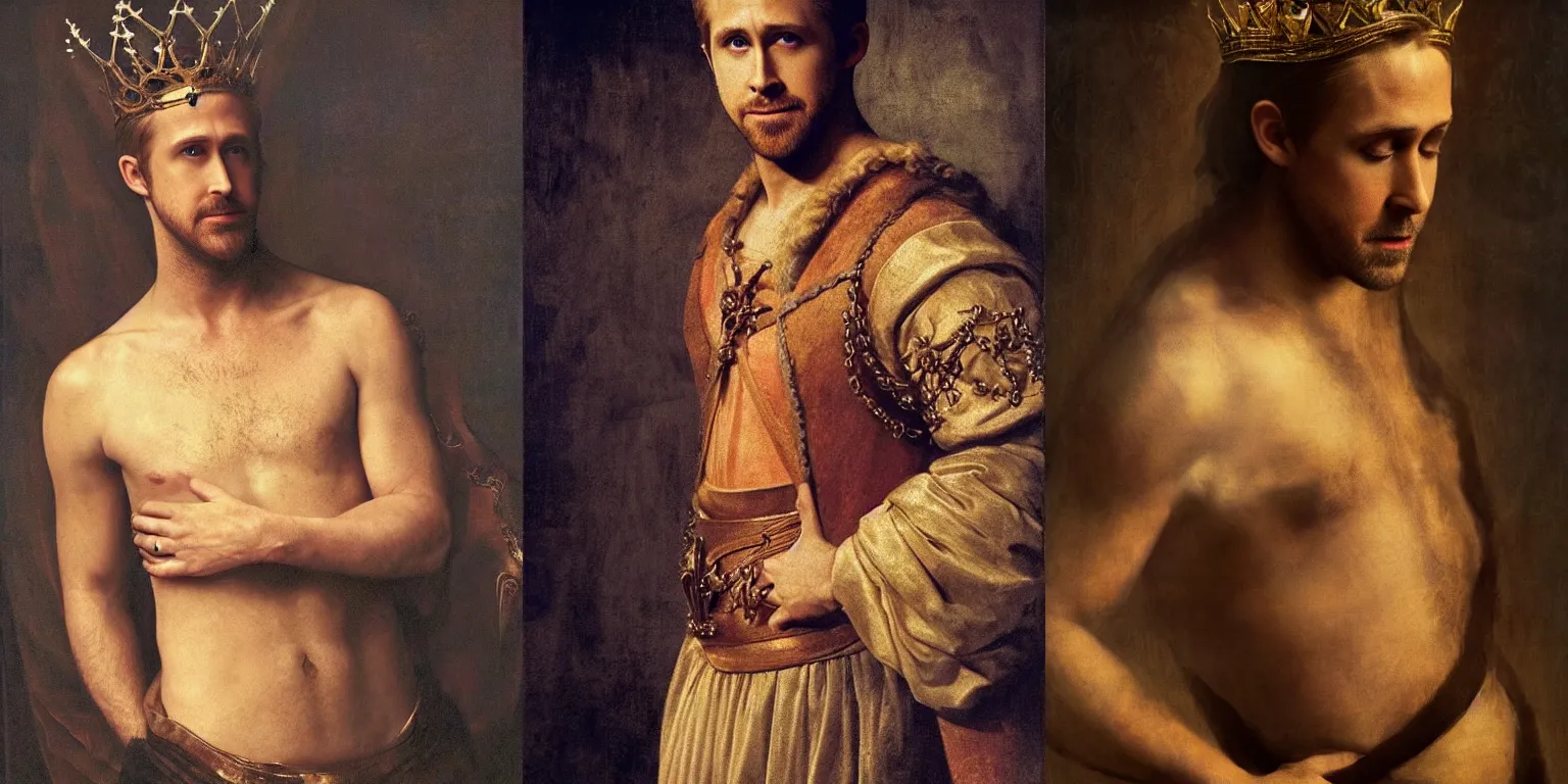 Prompt: Gorgeous full-body renaissance portrait of Ryan Gosling as a king of fantasy kingdom with Crown of thorns on his head, front view, gold, artstation, very beautiful, luxurious, impressive, soft light, dazzling, divine, elegant, by Valentin de Boulogne and Giovanni Battista Piazzetta