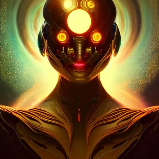 Image similar to hyper advanced cyborg alien ai, sci fi, glowing eyes, volumetric lights, gold theme, art nouveau botanicals, intricate, highly detailed, digital painting, artstation, concept art, smooth, sharp focus, cinematic, illustration, beautiful face, art by artgerm and greg rutkowski and alphonse mucha