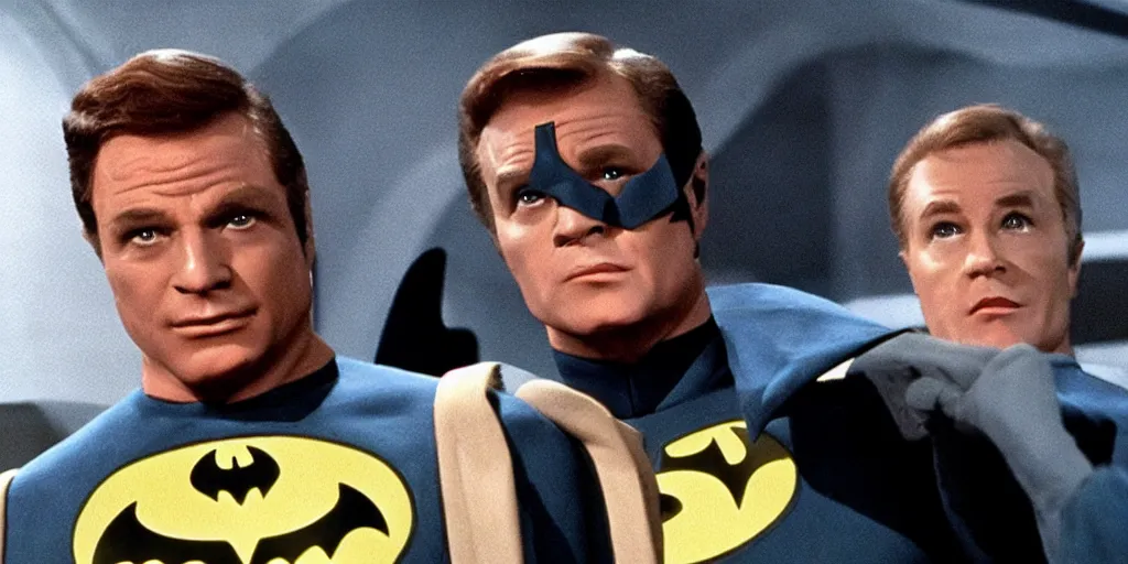 Prompt: (Batman) in Starfleet uniform, in the role of Captain Kirk in a scene from Star Trek the original series