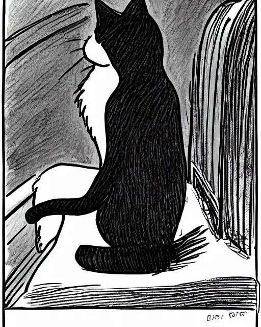 Image similar to a cat seated on the subway, cross-legged. White background. New Yorker cartoon. B&W. Black and white.