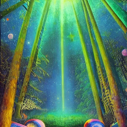 Image similar to psychedelic road trip lush pine forest, outer space, milky way, designed by arnold bocklin, jules bastien - lepage, tarsila do amaral, wayne barlowe and gustave baumann, cheval michael, trending on artstation, star, sharp focus, colorful refracted sparkles and lines, soft light, 8 k 4 k