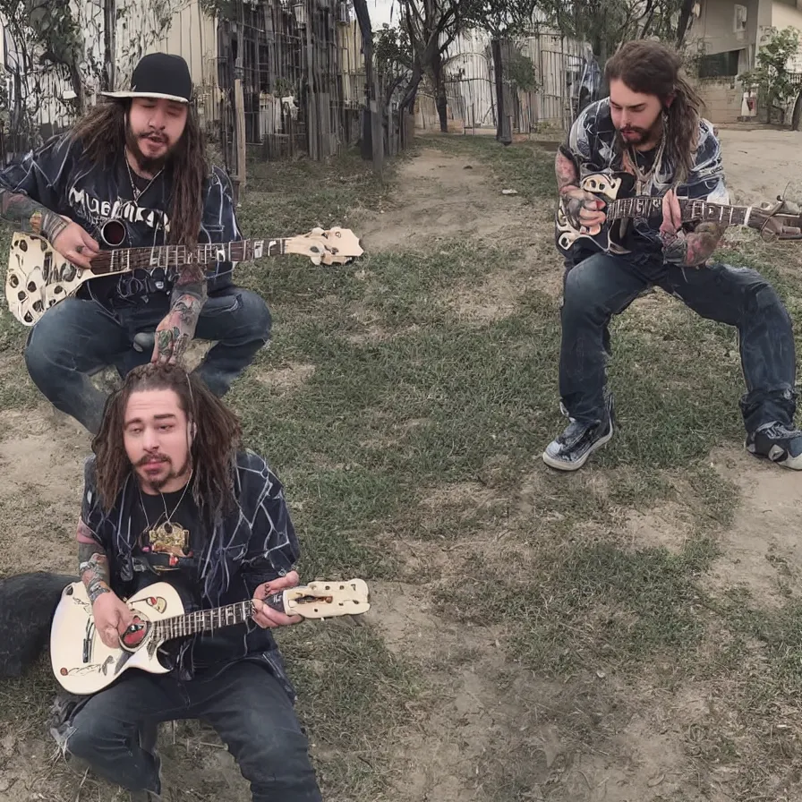 Image similar to trailcam footage of Post Malone playing a guitar on a mexican street