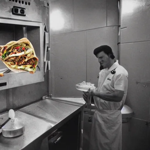 Image similar to alien cooks shawarma in a stall, soviet space, top secret style, realistic photo, cinestill 8 0 0 t, 1 9 7 0 s, color