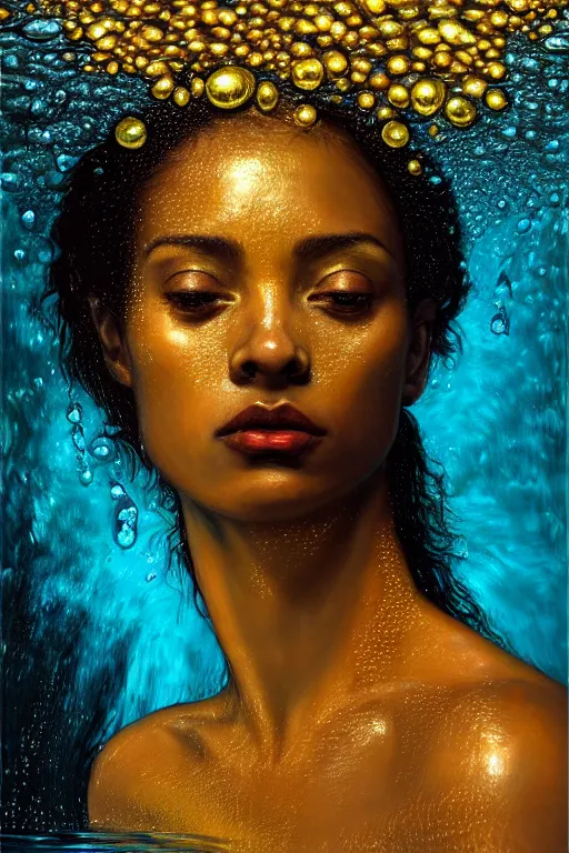 Image similar to hyperrealistic precisionist cinematic profile very expressive! oshun goddess, ophelia in water! john everett millais, mirror dripping droplet!, gold flowers, highly detailed face, digital art masterpiece, smooth eric zener cam de leon, dramatic pearlescent turquoise light on one side, low angle uhd 8 k, shallow depth of field