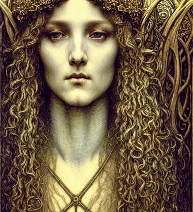 Image similar to detailed realistic beautiful young medieval queen face portrait by jean delville, gustave dore and marco mazzoni, art nouveau, symbolist, visionary, gothic, pre - raphaelite. horizontal symmetry