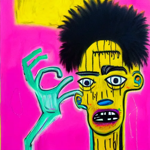 Image similar to pink and yellow detailed neo expressionism oil painting of sad boy rapper crying with tattoos by basquiat