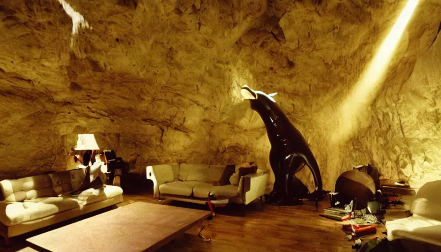 Image similar to 1990s candid 35mm photo of a beautiful day in the living room, cinematic lighting, cinematic look, golden hour, a cave opening reveals a large absurd looking creature from another dimension, UHD