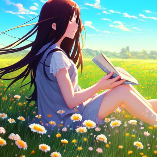 Image similar to a beautiful girl with long dark hair, sitting in a field of flowers, reading a book, sunny, daytime, sharp focus, intricate, digital painting, artstation, official media, anime key visual, highly detailed, rich vivid colors, ambient lighting, illustration, art by Artgerm, Makoto Shinkai, Ilya Kuvshinov, Lois Van Baarle, and Rossdraws