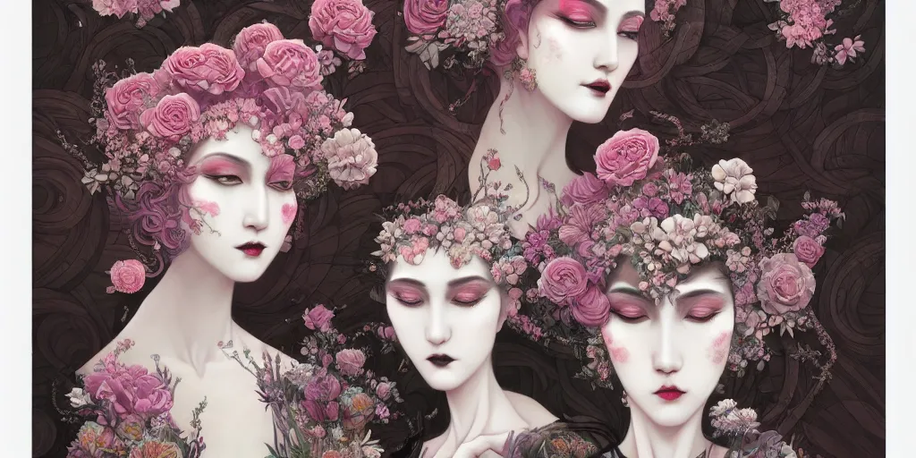 Image similar to breathtaking detailed concept art painting art deco pattern of goth faces goddesses amalgamation flowers, by hsiao - ron cheng, bizarre compositions, exquisite detail, extremely moody lighting, 8 k