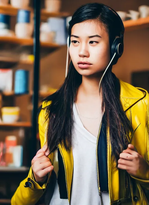 Image similar to young adult asian woman in a coffee shop wearing bright yellow headphones and a leather jacket looking unamused, natural light, magazine photo, 5 0 mm