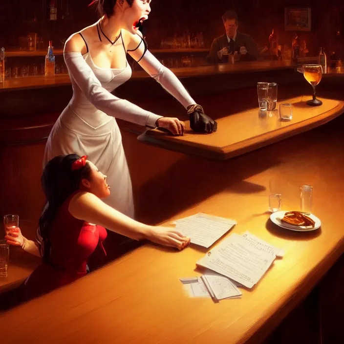 Image similar to a waitress singing on a table in a bar, elegant, real life skin, intricate artwork, high detailed, artstation, concept art, smooth, sharp focus, art by artgerm and greg rutkowski