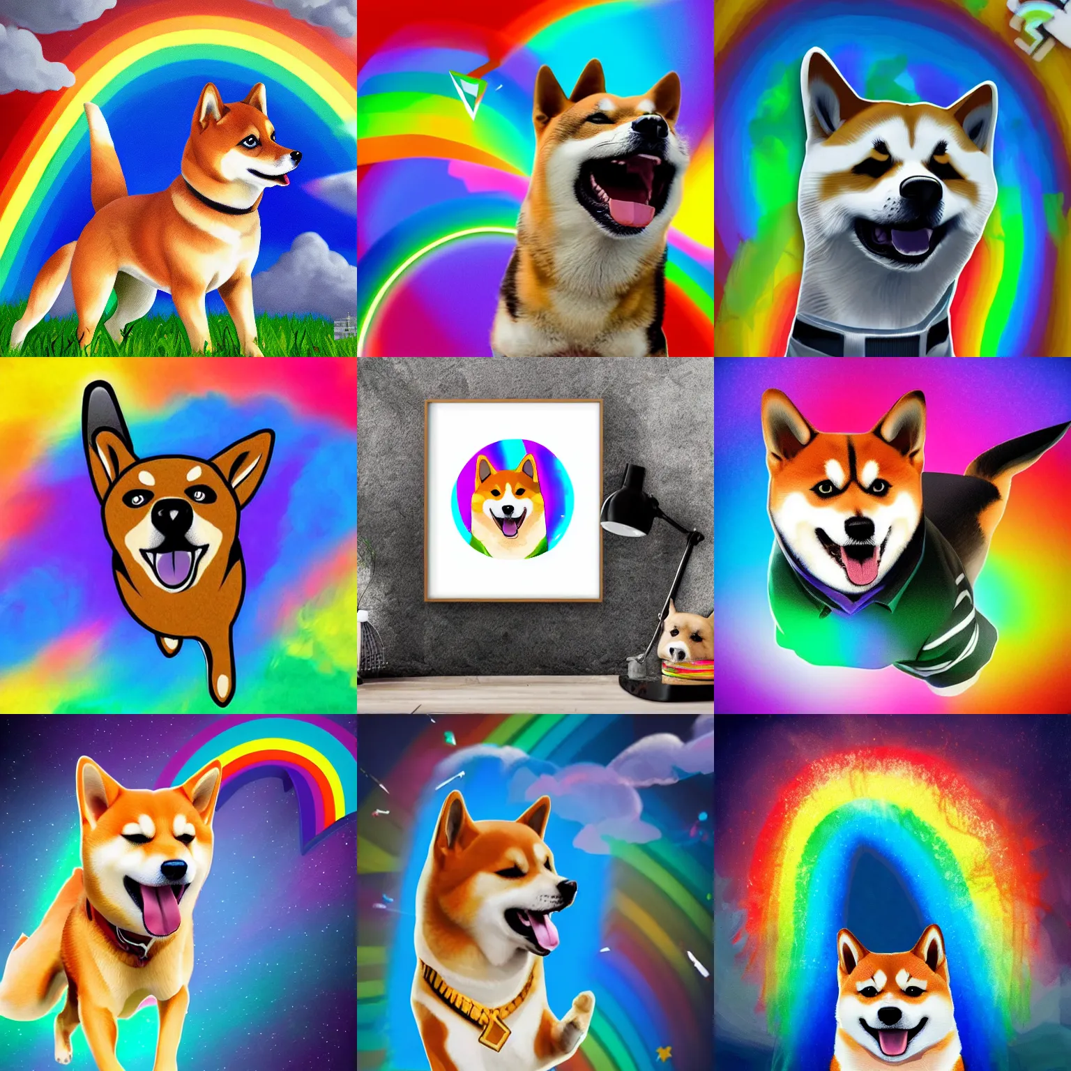 Prompt: shiba dog flying and laughing rainbow fortnite portrait