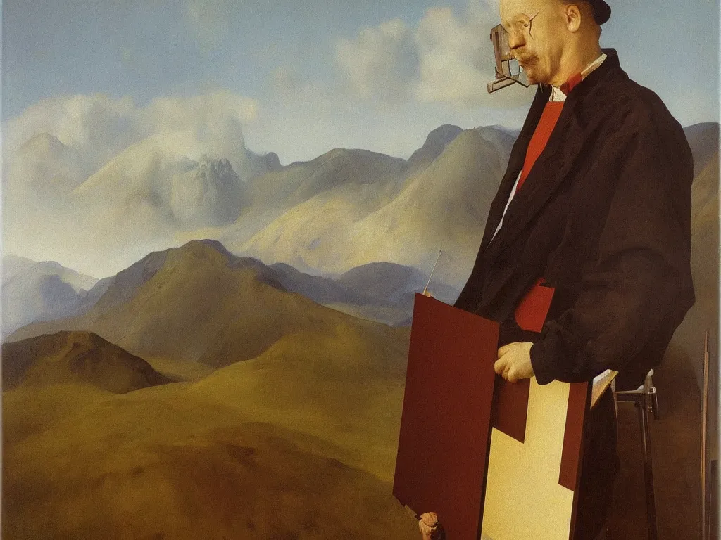 Prompt: portrait of a abstract painter at his easel, canvas. landscape with mountains far away. painting by jan van eyck, august sander. agnes pelton