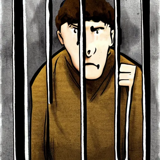 Prompt: sad prisoner holding ipad, prison cell, frustrated expression, dark mood, hopelessness, gloomy, in the style of frank miller