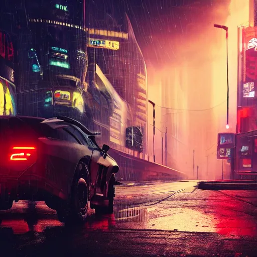 Prompt: matte painting of a fierce bear in modern helmet, red glowing eyes, huge mechanical creatures on the background, rainy night, neon glow concept art, smooth, sharp focus, illustration, cyberpunk 2077, neuromancer, scifi, photorealistic, octane render, 8k