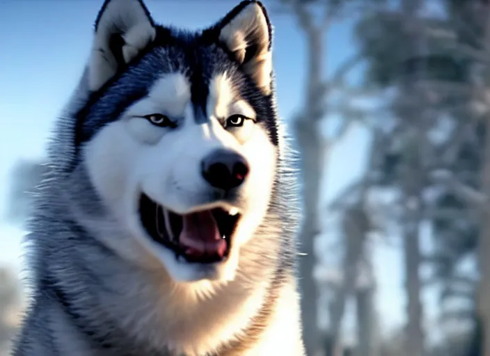 Image similar to film still of an anthropomorphic husky in a white vest in the new sci - fi movie, 8 k