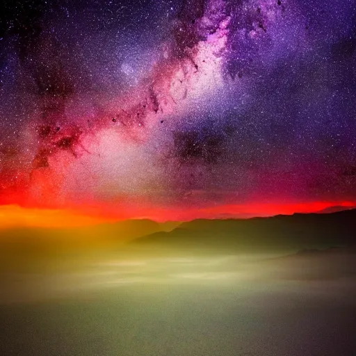 Prompt: a stunning, moody photograph from an alien planet. Vivid colors