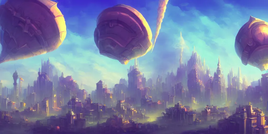 Image similar to a city in the style of piltover from arcane, tall towers, utopia, white blimps in the sky, blue skies, soft clouds, trending on artstation