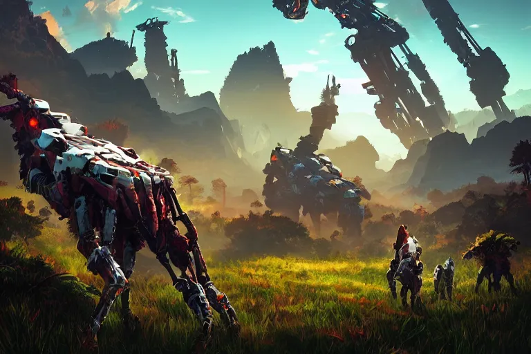 Prompt: grazer machine creature robot of horizon forbidden west horizon zero dawn radiating a glowing aura global illumination ray tracing hdr fanart arstation by ian pesty and alena aenami artworks in 4 k