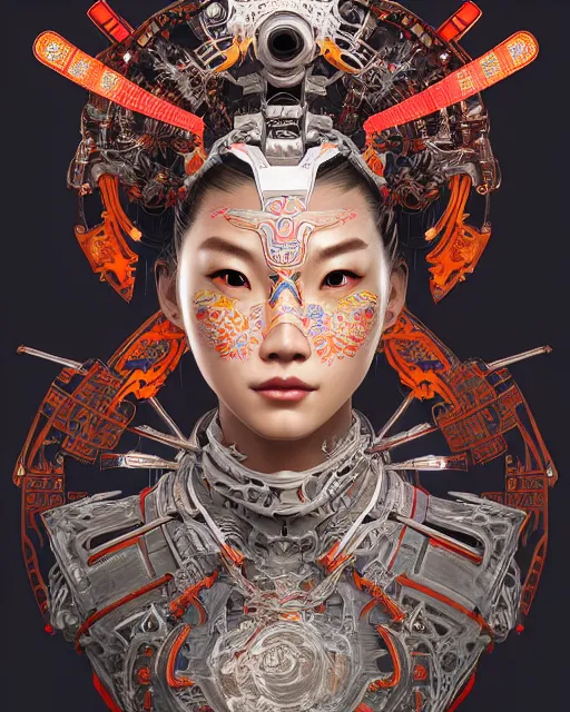 Image similar to portrait of a machine from horizon zero dawn, machine face, decorated with chinese opera motifs, asian, asian inspired, intricate, elegant, highly detailed, digital painting, artstation, concept art, smooth, sharp focus, illustration, art by artgerm and greg rutkowski and alphonse mucha, 8 k