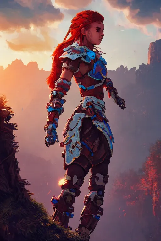 Image similar to combination suit armor aloy horizon forbidden west horizon zero dawn radiating a glowing aura global illumination ray tracing hdr fanart arstation by ian pesty and alena aenami artworks in 4 k tribal robot ninja mask helmet backpack