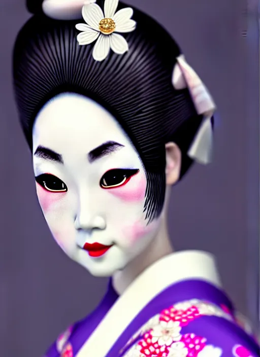 Image similar to Geisha photo portrait, beautiful makeup, pearlescent skin, elegant pose, highly detailed kimono, photorealism, artstation, different point of view, sharp focus, photorealistic, soft diffuse lights, canon 5D 50 mm lens, zen natural background, def of field