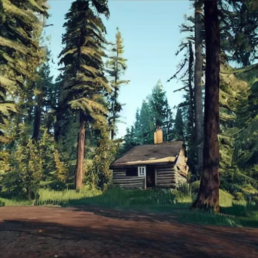 Prompt: a photo of a Eerie cabin in the middle of the woods in the style of GTA V, gameplay footage
