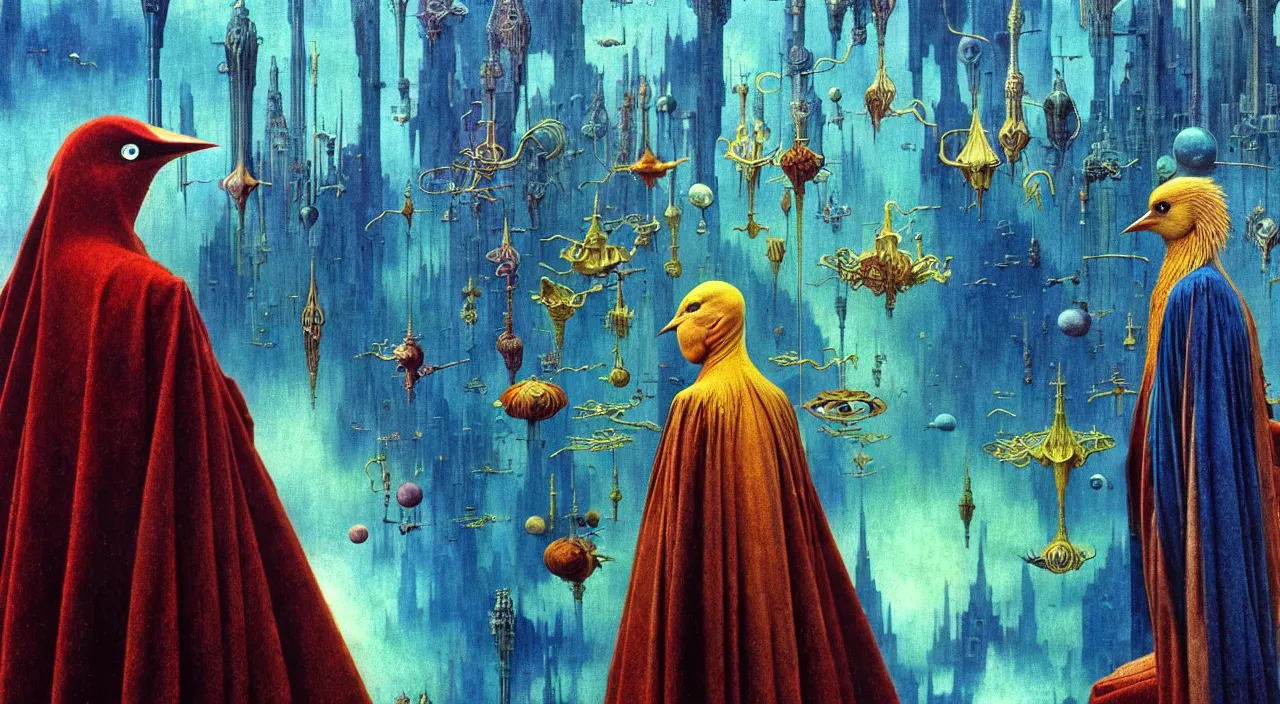 Image similar to realistic detailed portrait movie shot of a birdman wearing dark robes, sci fi city landscape background by denis villeneuve, amano, yves tanguy, alphonse mucha, ernst haeckel, max ernst, roger dean, masterpiece, rich moody colours, blue eyes, occult