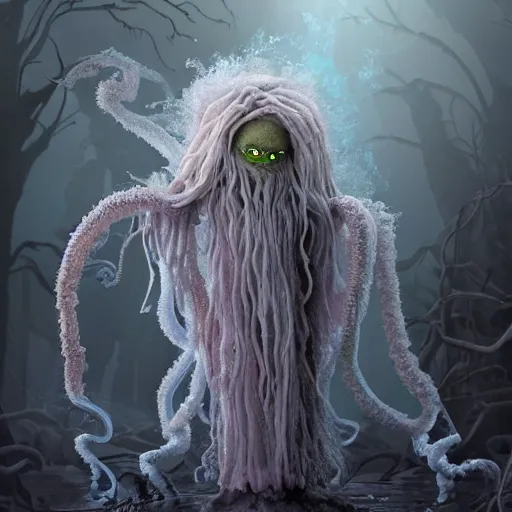 Image similar to a fluffy humanoid ethereal ghost like live action muppet wraith like figure with a squid like parasite taking over its head and four long tentacles for arms that flow gracefully at its sides like a cloak while it floats around a frozen rocky lake in the middle of the frozen woods searching for lost souls and that hides amongst the shadows in the trees, this character can control the ice and snow and has mastery of the shadows, it is known as the bringer of nightmares and the conqueror of the endless night terrors and staring too long can cause paralysis, it is a real muppet by sesame street surrounded by lost muppet souls, photo realistic, real, realistic, felt, stopmotion, photography, sesame street