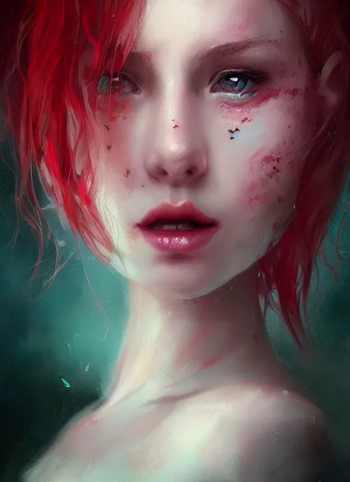 Image similar to a gorgeous flower princess portrait by WLOP, emerald green eyes, red hair, digital painting, beautiful lighting, ominous, cgsociety