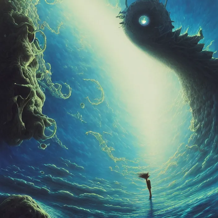 Image similar to Mayer Re-l, official anime key media, close up of Iwakura Lain, LSD Dream Emulator, paranoiascape ps1, official anime key media, painting by Vladimir Volegov, beksinski and dan mumford, giygas, technological rings, johfra bosschart, Leviathan awakening from Japan in a Radially Symmetric Alien Megastructure turbulent bismuth glitchart, Atmospheric Cinematic Environmental & Architectural Design Concept Art by Tom Bagshaw Jana Schirmer Jared Exposure to Cyannic Energy, Darksouls Concept art by Finnian Macmanus