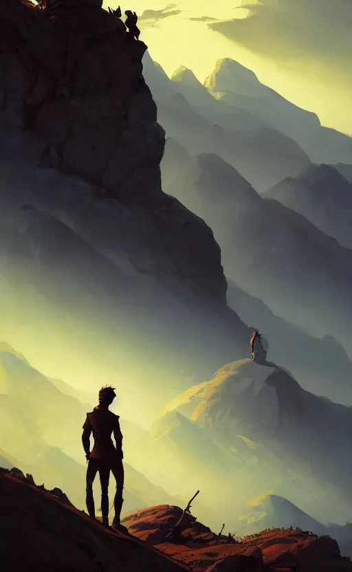 Image similar to a beautiful artwork illustration, silhouette of a man standing on a hill looking at his kingdom in the distance, high contrast, high saturation, by Greg Rutkowski and Jesper Ejsing and Raymond Swanland, featured on artstation, wide angle, vertical orientation