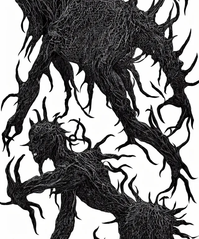 Image similar to black and white illustration, creative design, bold simple, body horror, monster