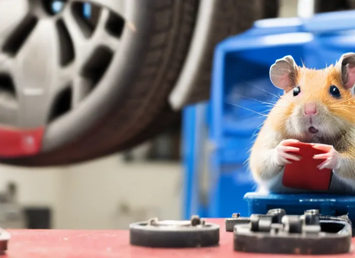 Image similar to film still of a hamster working as a mechanic in an auto shop, 8 k