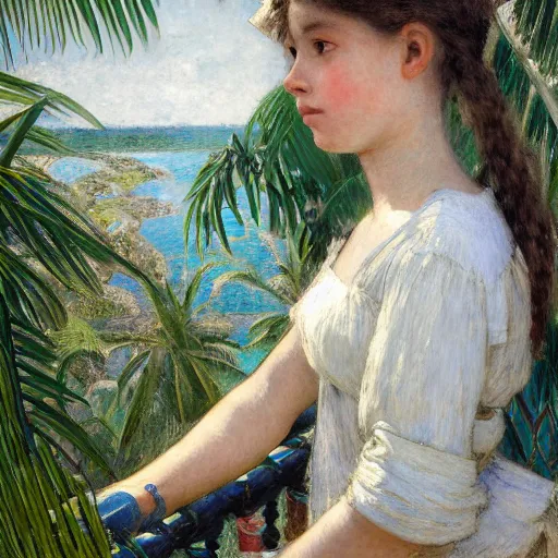 Image similar to a ultradetailed beautiful painting of a girl in the amazonas palace balustrade designed by jules bastien - lepage, hans belmer, frank weston and gustave baumann, beach, trending on artstation, mediterranean, palm trees, refracted color sparkles, sharp focus, soft light, 8 k 4 k