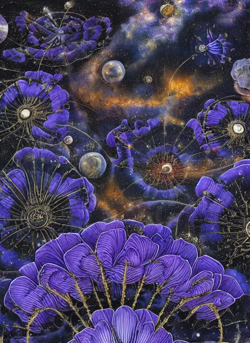 Image similar to detailed, intricate blue black and purple papaverum flower on the field, nebula, galaxy in the sky, winning award masterpiece, fantastically beautiful, illustration, aestheticly inspired, jacek yerka, upscale with anguissola sofonisba work, artstation, 8 k