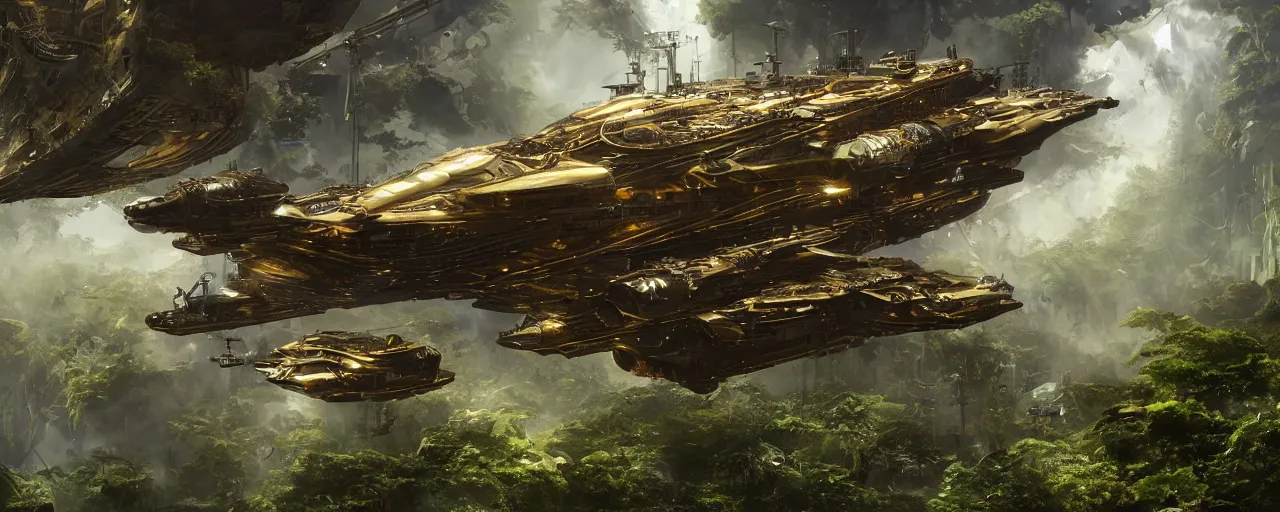 Image similar to a large futuristic scientific flying steampunk battleship elegant, smooth, ornate with gold trimmings, by Craig Mullins and Scott Robertson large steampunk space port inside a lush rainforest background by Dylan Cole and federico pelat cinematic dappled lighting, hyper detailed hyper detailed, 8k, ultra realistic, cinematic lighting, ultra wide 35mm lens