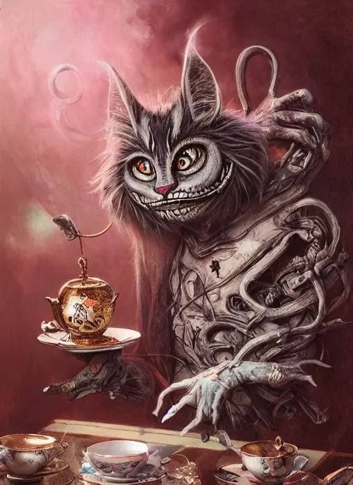 Prompt: Cheshire Cat having tea, Death Tarot card,highly detailed,half skull face,cinematic,8k,by Stanley Artgermm,Tom Bagshaw,Greg Rutkowski,Carne Griffiths, Ayami Kojima, Beksinski, Giger,trending on DeviantArt,hyper detailed,horror, full of colour