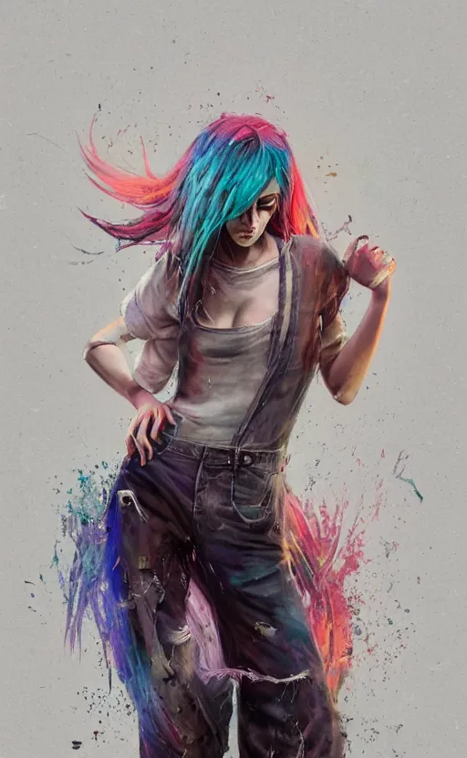 Prompt: a grungy addict woman with rainbow hair, drunk, angry, soft eyes and narrow chin, dainty figure, long hair straight down, torn overalls, basic white background, side boob, symmetrical, single person, style of by Jordan Grimmer and greg rutkowski, crisp lines and color,