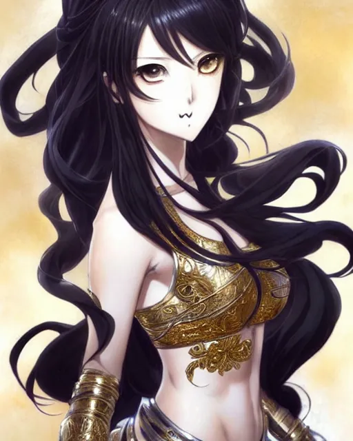 Prompt: beautiful anime portrait of a female fighter!! long black hair! silver eyes! fighting stance!!!! intricate ornate gold and black outfit!!! elegant, artbook, fine details by stanley artgerm lau, wlop, rossdraws, james jean, andrei riabovitchev, marc simonetti, and sakimichan, trending on artstation