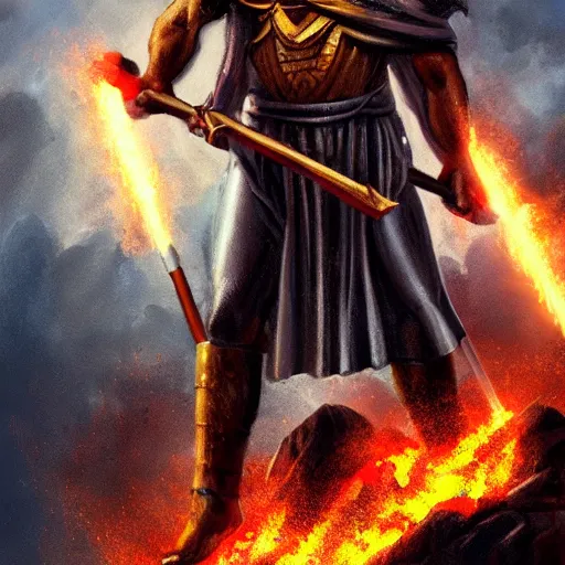 Prompt: Full metal greek god of smithing holding the hammer of creation setting the city of the gods on fire, cinematic lighting, high quality 8k hd, oil on canvas, hyperralistic art