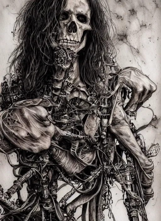 Image similar to portrait, Long haired biker skeleton in a wheelchair, has tattoos, watercolor, dramatic lighting, cinematic, establishing shot, extremely high detail, foto realistic, cinematic lighting, pen and ink, intricate line drawings, by Yoshitaka Amano, Ruan Jia, Kentaro Miura, Artgerm, post processed, concept art, artstation, matte painting, style by eddie mendoza, raphael lacoste, alex ross