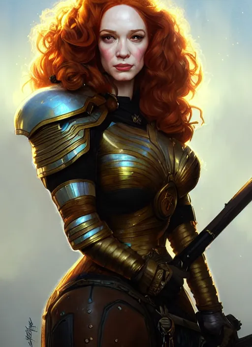 Image similar to valkyrie portrait of christina hendricks, beautiful face, highly detailed face!!!, extremely detailed!, digital painting, unreal engine 5, art by artgerm and greg rutkowski and alphonse mucha