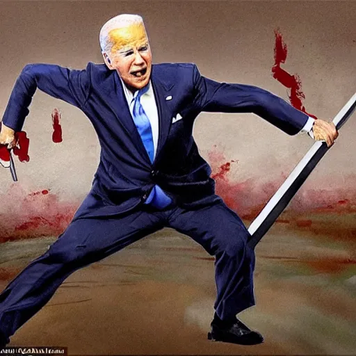 Image similar to Joe Biden with an eyepatch fighting off hordes of obese americans with a katana, action shot, dynamic pose, oil painting